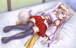 Rule 34 | 1girl, animal ear fluff, animal ears, arm up, bare shoulders, bed, bell, black thighhighs, blue eyes, blush, closed mouth, detached sleeves, fox ears, fox girl, fox tail, full body, grey hair, hair bell, hair between eyes, hair ornament, highres, indoors, iroha (iroha matsurika), japanese clothes, jingle bell, kimono, long hair, long sleeves, looking at viewer, lying, no shoes, nontraditional miko, obi, on back, on bed, original, parted bangs, pillow, pleated skirt, red skirt, ribbon-trimmed legwear, ribbon-trimmed sleeves, ribbon trim, sash, skirt, sleeveless, sleeveless kimono, smile, solo, tabi, tail, thighhighs, twitter username, very long hair, white kimono, white sleeves, wide sleeves