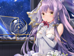 Rule 34 | 1girl, absurdres, blush, bow, breasts, dress, earrings, elbow gloves, flower, gloves, hair bow, highres, huge filesize, jewelry, kinokomushi, long hair, looking at viewer, original, purple hair, resolution mismatch, ring, small breasts, solo, source smaller, upper body, veil, wedding dress, white dress, yellow eyes