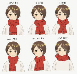 Rule 34 | 1girl, blush, brown eyes, brown hair, closed mouth, cropped torso, fringe trim, grey background, looking at viewer, mattaku mousuke, multiple views, original, red scarf, scarf, shirt, short hair, simple background, smile, swept bangs, translation request, upper body, white shirt
