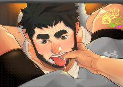 Rule 34 | 2boys, absurdres, bara, beard, black facial hair, black hair, black leggings, blush, bulge, close-up, crotch, facial hair, finger in another&#039;s mouth, genshin impact, grey shorts, highres, imminent fellatio, leg hair, leggings, leggings under shorts, legs on another&#039;s shoulders, male focus, mature male, modachai (weibo5622674859), multiple boys, pov, pov crotch, saliva, short hair, shorts, socks, solo focus, thick eyebrows, tongue, tongue out, wagner (genshin impact), white socks, yaoi