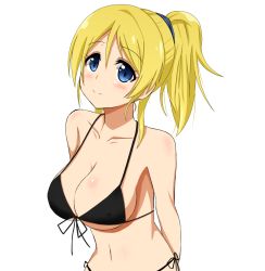 Rule 34 | 10s, 1girl, arms behind back, ayase eli, bare arms, bare shoulders, bikini, black bikini, blonde hair, blue eyes, blush, breasts, inou eita, large breasts, looking at viewer, love live!, love live! school idol project, medium hair, navel, ponytail, simple background, smile, solo, standing, swimsuit, upper body, white background
