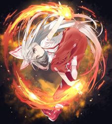 Rule 34 | 1girl, ass, bent over, bow, closed mouth, collared shirt, fire, flaming hand, flat chest, fujiwara no mokou, full body, gradient hair, hair bow, hair ribbon, leg up, light particles, long hair, looking at viewer, multicolored hair, ofuda, pants, red eyes, red footwear, red pants, ribbon, shirt, shoe soles, shoes, silver hair, solo, suspenders, tika (mika4975), torn clothes, torn shirt, torn sleeves, touhou, very long hair, white bow, white shirt