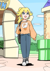 Rule 34 | 1girl, alternate costume, backpack, bag, blonde hair, blue eyes, collarbone, day, earrings, female focus, full body, jewelry, junnosu, long hair, looking up, mario (series), nintendo, open mouth, orange shirt, outdoors, p-wing, pants, ponytail, princess peach, shirt, shoes, sleeves past wrists, smoking pipe, solo