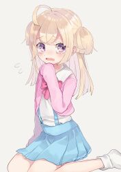 Rule 34 | 1girl, ahoge, blonde hair, blue skirt, blunt bangs, blunt ends, blush, bow, cardigan, collared shirt, commentary request, grey background, hand to own mouth, hand up, highres, long hair, long sleeves, looking at viewer, marueri, nervous, open mouth, pink bow, pink cardigan, pleated skirt, pretty series, pripara, purple eyes, school uniform, shirt, sitting, skirt, sleeves past fingers, sleeves past wrists, socks, solo, suspender skirt, suspenders, sweatdrop, tears, tsukikawa chili, two side up, wavy mouth, white shirt, white socks