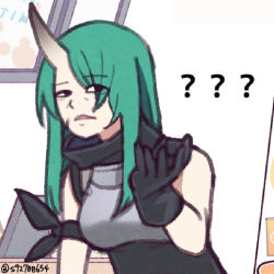 Rule 34 | 1girl, ?, arknights, arm ribbon, armor, bare shoulders, black eyes, black gloves, black ribbon, black shirt, breastplate, commentary request, confused black lady (meme), d:, gloves, green hair, hand up, high collar, horns, hoshiguma (arknights), lemon raimu, long hair, looking at viewer, meme, open mouth, ribbon, shirt, single horn, sleeveless, sleeveless shirt, solo, upper body