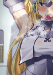 Rule 34 | 1girl, absurdres, armor, armored dress, armpits, black bean, blonde hair, blue eyes, blush, breasts, chain, condom, condom in mouth, condom wrapper, dress, fate/grand order, fate (series), faulds, headpiece, highres, indoors, jeanne d&#039;arc (fate), jeanne d&#039;arc (ruler) (fate), jeanne d&#039;arc (third ascension) (fate), long hair, looking at viewer, medium breasts, mouth hold, solo, sweat, very long hair, white dress