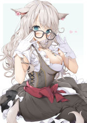 Rule 34 | 1girl, adjusting eyewear, animal ears, warrior of light (ff14), black-framed eyewear, blue eyes, breasts, cat ears, cat tail, cleavage, dress, earrings, fictional persona, final fantasy, final fantasy xiv, glasses, gloves, highres, jewelry, long hair, looking at viewer, medium breasts, miqo&#039;te, scoop neck, short sleeves, sitting, slit pupils, solo, tail, white background, white gloves, white hair, yana mori