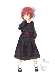 Rule 34 | 1girl, alternate costume, belt, black dress, black footwear, blush, casual, commentary request, contemporary, cross-laced footwear, dress, full body, grey ribbon, hair ribbon, hand up, highres, long sleeves, parted lips, plaid, plaid dress, purple belt, red eyes, red hair, ribbon, sekibanki, short hair, signature, simple background, socks, solo, standing, touhou, toutenkou, translation request, unmoving pattern, white background, white socks