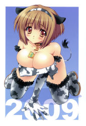 Rule 34 | 00s, 1girl, 2009, :&gt;, absurdres, animal ears, animal print, bell, between breasts, breasts, brown eyes, brown hair, carnelian, cleavage, collar, cow ears, cow print, cow tail, elbow gloves, gloves, hairband, highres, kneeling, large breasts, neck bell, nude, short hair, solo, stuffed animal, stuffed toy, tail, thighhighs, topless