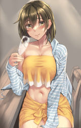Rule 34 | 1girl, bikini, breasts, brown eyes, brown hair, collarbone, commission, cup, drinking glass, hair down, highres, hiryuu (kancolle), holding, holding cup, hood, hood down, hoodie, kantai collection, kokuzou, large breasts, long sleeves, navel, open clothes, open hoodie, sarong, sitting, skeb commission, smile, solo, strapless, strapless bikini, striped clothes, striped hoodie, swimsuit, yellow bikini, yellow sarong