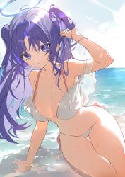 Rule 34 | 1girl, absurdres, alternate costume, arm support, arm up, bikini, blue archive, breasts, cleavage, frilled bikini, frills, highres, large breasts, long hair, looking at viewer, no halo, ocean, outdoors, purple eyes, purple hair, r aeel, side-tie bikini bottom, sitting, sky, solo, swimsuit, two side up, white bikini, yuuka (blue archive)