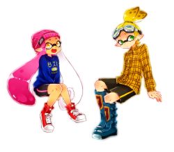 Rule 34 | 1boy, 1girl, :3, arm support, asuka (ask71 ika), bad id, bad pixiv id, beanie, bike shorts, black shorts, blonde hair, blue footwear, blue shirt, blunt bangs, boots, collared shirt, earrings, goggles, goggles on head, green eyes, hair slicked back, hat, inkling, inkling boy, inkling girl, inkling player character, jewelry, long hair, long sleeves, looking at viewer, nintendo, open mouth, pink hair, plaid, plaid shirt, red footwear, scrunchie, shirt, shoes, short hair, shorts, simple background, single vertical stripe, sitting, smile, sneakers, splatoon (series), splatoon 1, sweater, tentacle hair, topknot, v arms, white background, yellow eyes, yellow shirt