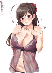 Rule 34 | 1girl, ahoge, alternate costume, babydoll, bare shoulders, blush, breasts, brown hair, cleavage, collarbone, commentary request, ebifurya, hair ornament, hairclip, highres, kantai collection, large breasts, lingerie, long hair, looking at viewer, mamiya (kancolle), navel, ponytail, red eyes, see-through, simple background, skindentation, smile, solo, swept bangs, twitter username, underwear, underwear only, upper body, white background