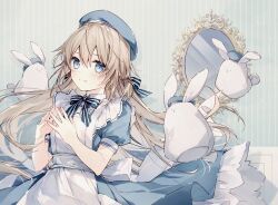 Rule 34 | 1girl, apron, beret, blue dress, blue eyes, blue hat, blush, brown hair, closed mouth, commentary request, dress, frilled apron, frills, hair between eyes, hands up, hat, highres, long hair, looking at viewer, mirror, mochizuki shiina, original, puffy short sleeves, puffy sleeves, short sleeves, smile, solo, steepled fingers, stuffed animal, stuffed rabbit, stuffed toy, very long hair, white apron
