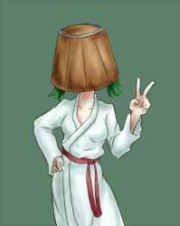 Rule 34 | 1girl, breasts, bucket, bucket hat, collarbone, female focus, green background, green hair, hand on own hip, hat, japanese clothes, kimono, kisume, object on head, sash, simple background, small breasts, solo, touhou, twintails, v, yukata