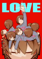 Rule 34 | 6+others, :|, = =, androgynous, arm up, blue sweater, brown hair, child, clone, closed eyes, closed mouth, english text, expressionless, frisk (undertale), heart, hole in head, hollow body, long sleeves, lying, mini person, multiple others, on back, outstretched arm, red background, short hair, simple background, size difference, sweater, tadeno, undertale, upper body
