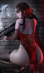 Rule 34 | 1girl, ahoge, anti-materiel rifle, ass, bare shoulders, black thighhighs, blunt bangs, blush, bolt action, breasts, brown hair, bullpup, china dress, chinese clothes, dress, dsr-50, dsr-50 (girls&#039; frontline), dsr-50 (red peony) (girls&#039; frontline), flower, gdat, girls&#039; frontline, gun, hair flower, hair ornament, highres, holding, holding gun, holding weapon, huge breasts, long hair, looking to the side, official alternate costume, panties, red dress, red eyes, rifle, side-tie panties, sniper rifle, thighhighs, thighs, underwear, weapon