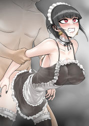 Rule 34 | 1boy, 1girl, akisora, apron, arm grab, bare shoulders, bent over, black hair, black nails, black thighhighs, blush, breasts, celestia ludenberg, claw ring, clenched teeth, clothed female nude male, collarbone, commentary request, danganronpa: trigger happy havoc, danganronpa (series), dress, earrings, frills, gradient background, grey apron, grey background, hair ornament, heart, heart-shaped pupils, highres, jewelry, large areolae, large breasts, nail polish, nipples, nude, red eyes, saliva, see-through, see-through dress, sex, sex from behind, short hair, sweat, symbol-shaped pupils, teeth, thighhighs