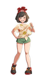 Rule 34 | 1girl, absurdres, bare legs, beanie, blush, bracelet, commentary, creatures (company), full body, game freak, green shorts, hat, heydove, highres, jewelry, knees, nintendo, open mouth, pokemon, pokemon sm, red hat, selene (pokemon), shirt, shirt tug, shoes, short shorts, short sleeves, shorts, simple background, smile, sneakers, solo, t-shirt, teeth, tied shirt, tongue, upper teeth only, white background, z-ring