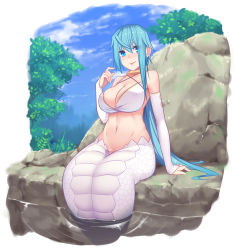 Rule 34 | 1girl, abs, absurdres, aqua hair, arm support, bare shoulders, blue eyes, blue sky, breasts, bridal gauntlets, choker, cleavage, commentary request, covered erect nipples, elbow gloves, forest, gloves, hair between eyes, highres, kokuyouseki, lamia, long hair, looking at viewer, monster girl, nature, navel, original, outdoors, photoshop (medium), ponytail, rock, scales, sidelocks, sky, solo, tail, tongue, tongue out, very long hair, water, white gloves