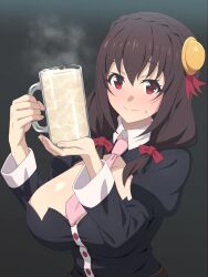 Rule 34 | 1girl, blush, bow, breasts, brown hair, cleavage cutout, clothing cutout, cum, cum in container, cum in cup, cup, drinking glass, hair between eyes, hair bow, hair ornament, highres, kono subarashii sekai ni bakuen wo!, kono subarashii sekai ni shukufuku wo!, large breasts, long hair, long sleeves, looking at viewer, necktie, red eyes, ribbon, solo, tedain, yunyun (konosuba)