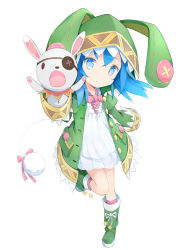 Rule 34 | 10s, 1girl, animal hood, bad id, bad pixiv id, blue eyes, blue hair, boots, button eyes, buttons, chibi, coat, date a live, dress, eyepatch, flam (81), full body, green footwear, hand puppet, hood, jacket, leg up, long sleeves, looking at viewer, matching hair/eyes, open clothes, open jacket, pom pom (clothes), puppet, shirt, simple background, sleeves past wrists, solo, stuffed animal, stuffed toy, white background, white dress, white shirt, yoshino (date a live), yoshinon