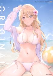 Rule 34 | 1girl, 6u (eternal land), absurdres, arm up, ball, bare shoulders, barefoot, beach, beachball, bikini, blonde hair, blue sky, blush, breasts, choker, cloud, cloudy sky, collarbone, day, detached sleeves, earrings, fingernails, flower, hair flower, hair ornament, head tilt, hibiscus, highres, jacket, jewelry, lips, long fingernails, long hair, long sleeves, looking at viewer, medium breasts, nail polish, navel, ocean, off shoulder, original, outdoors, partially submerged, purple eyes, scan, simple background, sitting, sky, smile, starfish, stomach, swimsuit, thighs, toes, tongue, tongue out, v, wariza, water, water drop, wet, white bikini