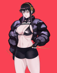 Rule 34 | 1girl, alternate costume, artist name, black bra, black gloves, black hair, black jacket, black shorts, bra, breasts, clothes writing, commentary, cowboy shot, dagger, dual wielding, fingerless gloves, gloves, hairband, holding, holding dagger, holding knife, holding weapon, jacket, knife, long hair, long sleeves, looking at viewer, medium breasts, meziosaur, navel, open clothes, open jacket, pink lips, red background, red eyes, reverse grip, short shorts, shorts, simple background, solo, spy x family, standing, stomach, thighs, underwear, v-shaped eyebrows, weapon, yellow hairband, yor briar