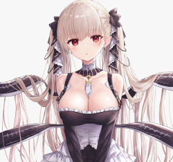 Rule 34 | absurdres, akipeko, azur lane, between breasts, black dress, black ribbon, breasts, cleavage, collar, collarbone, dress, earrings, formidable (azur lane), frilled dress, frills, hair between eyes, hair ornament, hair ribbon, highres, jewelry, large breasts, long hair, long sleeves, looking at viewer, open mouth, platinum blonde hair, red eyes, ribbon, simple background, solo, twintails, two-tone dress, two-tone ribbon, upper body, white background