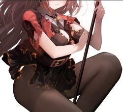 Rule 34 | 1girl, animal ears, arknights, belt, black necktie, black pantyhose, black shirt, black skirt, blush, breasts, brown hair, burning, burnt clothes, cleavage, close-up, collared shirt, commentary request, covering breasts, covering privates, floating hair, holding, holding weapon, jacket, long hair, medium breasts, miniskirt, muike, necktie, pantyhose, parted lips, red jacket, shirt, short sleeves, simple background, skirt, skyfire (arknights), solo, staff, striped clothes, striped necktie, striped neckwear, vertical-striped clothes, vertical-striped necktie, weapon, white background