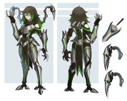 Rule 34 | 1girl, absurdres, android, armor, ass curtain, black gloves, black pantyhose, black scarf, breastplate, character sheet, claws, closed mouth, commission, digitigrade, distr, gloves, gradient hair, green eyes, green hair, highres, long hair, looking at viewer, mechanical tentacles, multicolored hair, multiple views, original, pantyhose, pelvic curtain, scar, scar across eye, scarf
