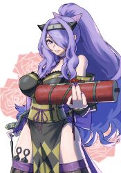 Rule 34 | 1girl, bare shoulders, breasts, camilla (fire emblem), camilla (ninja) (fire emblem), choker, detached sleeves, fire emblem, fire emblem fates, fire emblem heroes, forehead protector, gwine 55, hair over one eye, high ponytail, highres, holding, holding scroll, japanese clothes, kunai, large breasts, long hair, looking at viewer, ninja, nintendo, official alternate costume, official alternate hairstyle, parted lips, pelvic curtain, ponytail, purple choker, purple eyes, purple hair, purple nails, scroll, solo, very long hair, weapon