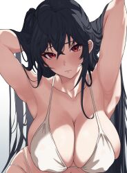 Rule 34 | 1girl, absurdres, adjusting hair, alternate breast size, armpits, azur lane, bare arms, bare shoulders, bikini, black hair, breasts, cleavage, commentary, covered erect nipples, crossed bangs, dot nose, grey background, hair between eyes, highres, large breasts, looking at viewer, neinlol, official alternate costume, red eyes, shadow, simple background, solo, string bikini, swimsuit, symbol-only commentary, taihou (azur lane), taihou (seaside daydreams) (azur lane), wavy mouth, white bikini