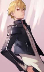 Rule 34 | 1boy, absurdres, black jacket, blonde hair, closed mouth, commentary request, cropped jacket, dutch angle, fate/stay night, fate (series), from side, gilgamesh (fate), grey background, hair between eyes, highres, jacket, long sleeves, male focus, official alternate costume, open clothes, open jacket, red eyes, shirt, short hair, solo, thumb in pocket, white background, white shirt, yoshio (55level)