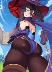 Rule 34 | 1girl, absurdres, ass, ass focus, blue hat, book, breasts, brown pantyhose, cape, castell, detached sleeves, elbow gloves, from behind, from below, genshin impact, gloves, gold trim, green eyes, hair ornament, hair ribbon, hat, highres, huge ass, leotard, long hair, looking at viewer, medium breasts, mona (genshin impact), open mouth, pantyhose, purple hair, ribbon, shiny clothes, shiny skin, sideboob, solo, thick thighs, thighlet, thighs, twintails, very long hair