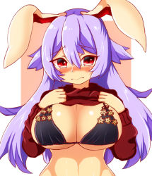 Rule 34 | 1girl, animal ears, blush, bra, breasts, cleavage, clothes lift, clothes pull, embarrassed, haruirokomici, large breasts, lifted by self, long hair, long sleeves, looking at viewer, nervous, nervous smile, pulled by self, purple hair, rabbit ears, red eyes, red sweater, reisen udongein inaba, shiny skin, shirt lift, shirt pull, smile, solo, sweater, sweater lift, touhou, underwear, undressing, wavy mouth