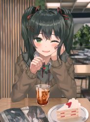 Rule 34 | 1girl, ;), black hair, blurry, blurry background, brown sweater, cafe, cake, cake slice, collared shirt, commentary, cup, depth of field, drink, drinking glass, english commentary, food, green eyes, grey shirt, hair between eyes, hair ornament, hair ribbon, hairclip, highres, holding, ice, ice cube, indoors, looking at viewer, one eye closed, original, parted lips, plate, red ribbon, ribbon, ruda (ruda e), shirt, smile, solo, sweater, table, two side up, upper body