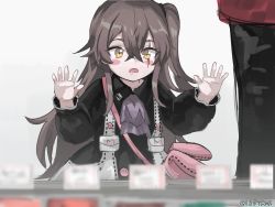 Rule 34 | 1girl, against glass, aged down, black coat, blurry, blurry foreground, blush stickers, child, coat, collared coat, commentary request, crossed bangs, drooling, girls&#039; frontline, hair between eyes, hand on glass, highres, korean commentary, long hair, long sleeves, looking down, min-tami, neckwear request, official alternate costume, one side up, open mouth, pink bag, purple neckwear, scar, scar across eye, scar on face, sidelocks, solo focus, twitter username, ump45 (agent lop rabbit) (girls&#039; frontline), ump45 (girls&#039; frontline), white background, yellow eyes