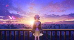 Rule 34 | 1girl, artist name, backlighting, blush, bug, building, butterfly, city, cityscape, cloud, hood, hooded jacket, insect, jacket, lens flare, long hair, looking at viewer, low twintails, mocha (cotton), own hands together, purple eyes, purple hair, railing, scenery, see-through, signature, skirt, sky, smile, solo, sun, sunrise, technoheart, tree, twintails, vocaloid, voiceroid, yuzuki yukari