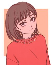 Rule 34 | 1girl, bob cut, brown eyes, brown hair, brown pupils, closed mouth, commentary, floral print, iwakura mitsumi, lace-trimmed sweater, long sleeves, looking at viewer, looking to the side, looking up, moshimoshibe, orange background, outside border, pink sweater, romaji commentary, short hair, simple background, skip to loafer, smile, solo, sweater, upturned eyes