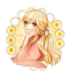 Rule 34 | 1girl, aegyo, bad id, bad twitter id, blonde hair, character request, floral background, flower, hands on own cheeks, hands on own face, japanese clothes, kimono, korean text, light smile, long hair, looking at viewer, low ponytail, original, ponytail, solo, upper body, very long hair, wide sleeves, yellow eyes