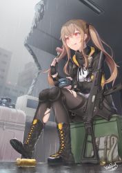 Rule 34 | 1girl, armband, black bow, black footwear, black gloves, black jacket, black pantyhose, blush, boots, bow, building, can, canned food, closed mouth, cloud, cloudy sky, collared shirt, commentary request, cross-laced footwear, dress shirt, fingerless gloves, food, fork, girls&#039; frontline, gloves, h&amp;k ump, h&amp;k ump, hair between eyes, hair bow, holding, holding fork, jacket, lace-up boots, light brown hair, long hair, long sleeves, looking away, name connection, object namesake, open clothes, open jacket, outdoors, overcast, pantyhose, puffy long sleeves, puffy sleeves, rain, red eyes, ruins, shell casing, shirt, signature, sitting, sky, skyscraper, solo, thigh strap, tongue, tongue out, torn clothes, torn pantyhose, tuna, twintails, ump9 (girls&#039; frontline), very long hair, white shirt, yaosera