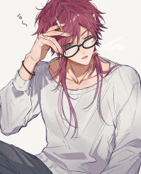 Rule 34 | 1boy, artist name, black-framed eyewear, black pants, bracelet, cigarette, collarbone, commentary request, glasses, green eyes, hair between eyes, hair over shoulder, hand up, highres, holding, holding cigarette, jewelry, kanato01, lauren iroas, long hair, long sleeves, male focus, nijisanji, one eye closed, open mouth, pants, parted bangs, parted lips, red hair, sidelocks, simple background, sitting, smoke, smoking, solo, sweater, swept bangs, twitter username, virtual youtuber, white background, white sweater