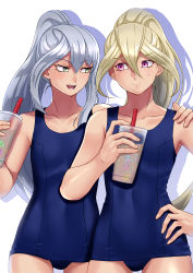 Rule 34 | 2girls, absurdres, blonde hair, breasts, cup, drink, drinking straw, gloria tyler, grace tyler, green eyes, hair between eyes, hand on another&#039;s shoulder, hand on own hip, highres, holding, holding drink, long hair, multiple girls, muto dt, purple eyes, school swimsuit, shadow, siblings, silver hair, simple background, sisters, small breasts, swimsuit, twins, white background, yu-gi-oh!, yu-gi-oh! arc-v