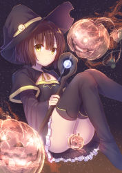 Rule 34 | 1girl, :p, black dress, black footwear, bob cut, boots, brown hair, convenient censoring, dress, halloween, hat, holding, holding staff, jack-o&#039;-lantern, looking at viewer, minarai shachou, original, short hair, solo, staff, thigh boots, thighhighs, tongue, tongue out, witch, witch hat, yellow eyes