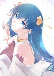 Rule 34 | 1girl, agulo, blue eyes, blue hair, hair ornament, hand on own face, head tilt, highres, lia parapara leazas, long hair, looking at viewer, rance (series), simple background, smile, solo, white background