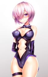 Rule 34 | 1girl, arms behind back, bad id, bad pixiv id, bare shoulders, blush, bodysuit, breasts, breasts apart, cameltoe, cleavage cutout, closed mouth, clothing cutout, covered erect nipples, cowboy shot, elbow gloves, eyes visible through hair, facing viewer, fate/grand order, fate (series), gloves, gradient background, grey background, groin, hair over one eye, halterneck, highres, hip focus, legs together, leotard, light purple hair, light smile, looking at viewer, mash kyrielight, medium breasts, narrow waist, navel, navel cutout, purple eyes, purple hair, shiny skin, short hair, silly (marinkomoe), skindentation, smile, solo, standing, sweat, thigh strap, thighs