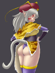 Rule 34 | 1girl, animal print, ass, camel (dansen), daisei-kun, elbow gloves, female focus, from behind, gloves, grey hair, hat, original, pointy ears, profile, solo, tail, thighhighs, tiger print