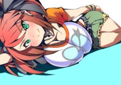 Rule 34 | 1girl, belt, breasts, cleavage, cross, green eyes, large breasts, looking at viewer, lying, on side, red hair, short hair, shorts, smile, solo, thighs, yoru ha