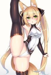 Rule 34 | 1girl, animal ear fluff, animal ears, bare shoulders, black gloves, black thighhighs, blonde hair, blush, breasts, chestnut mouth, collar, covered navel, elbow gloves, fox ears, fox tail, gloves, green eyes, halterneck, highres, kutan, leg up, leotard, long hair, looking at viewer, original, small breasts, solo, split, standing, standing on one leg, standing split, tail, thighhighs, twintails, white background